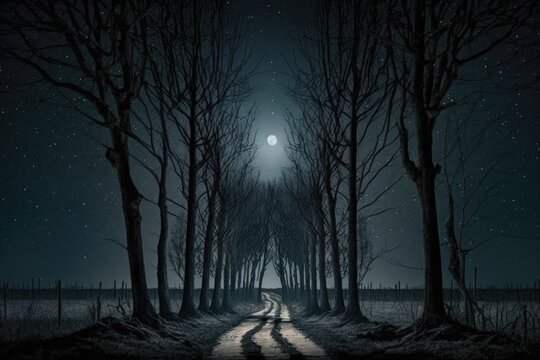 mysterious road surrounded by dark trees under a full moon. Generative AI