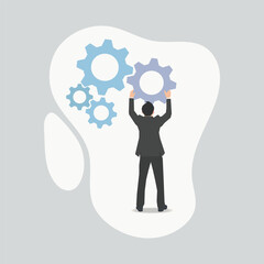 Vector businessman put and setting the gears. System management concept illustration