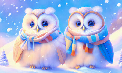 Obraz premium A colorful scarf-wearing owl in a winter landscape. Snow and winter. Generative AI.