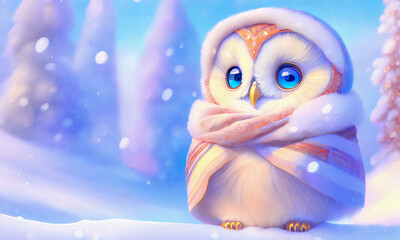 Obraz premium A colorful scarf-wearing owl in a winter landscape. Snow and winter. Generative AI.