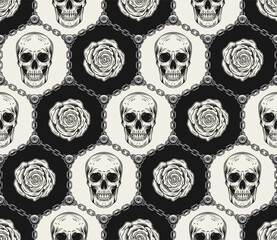 Geometric hexagonal pattern with human skulls, roses, steel chains, rivets. Monochrome background in vintage style. Good for mens apparel, clothing, fabric, textile, sport goods.