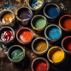 Set of opened colorful paint cans