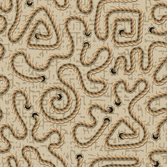 Seamless pattern with creatively wavy bent rope on beige textured background. Vintage style.