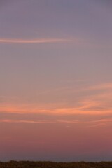 Vertical shot of the pink sky and clouds over a field in the evening on a quiet day
