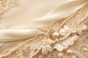 Elegant beige background with lace, silk and pearl. Generative AI