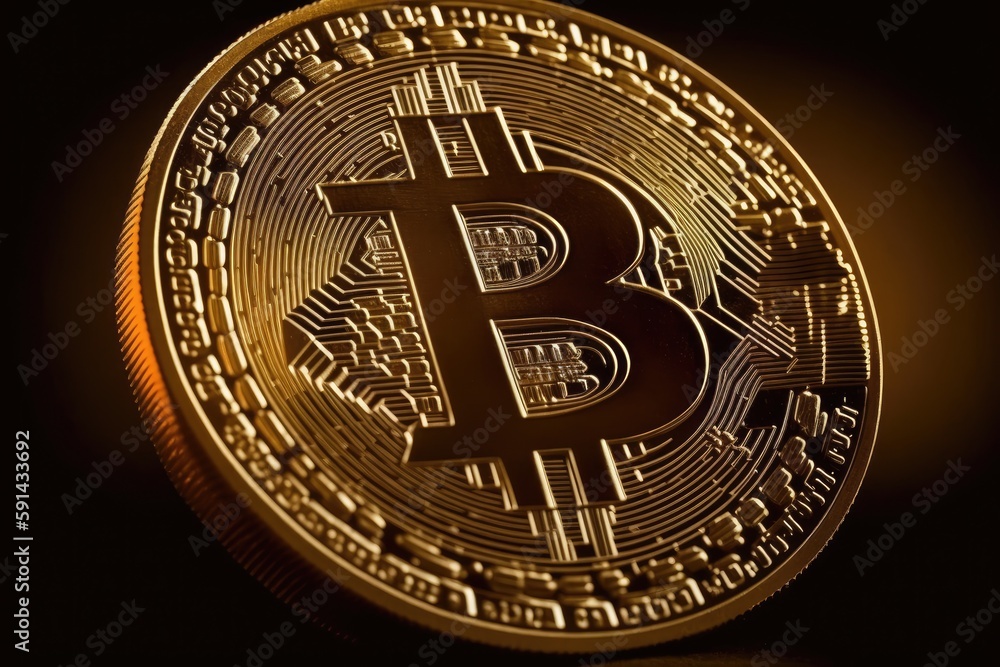 Poster shiny bitcoin on a dark background. generative ai