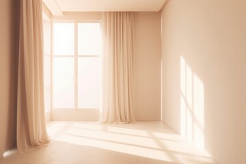 Minimalistic beige empty room with sunlight in the window and curtains. Generative AI