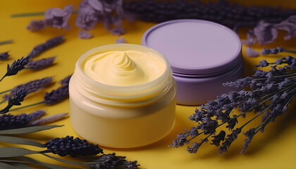 Obraz na płótnie Canvas Cosmetics products with lavender, Generative AI