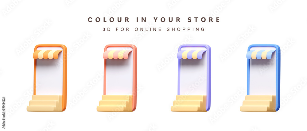 Poster 3d set of color store on phone for shopping online concept. icon isolated on white background. 3d re