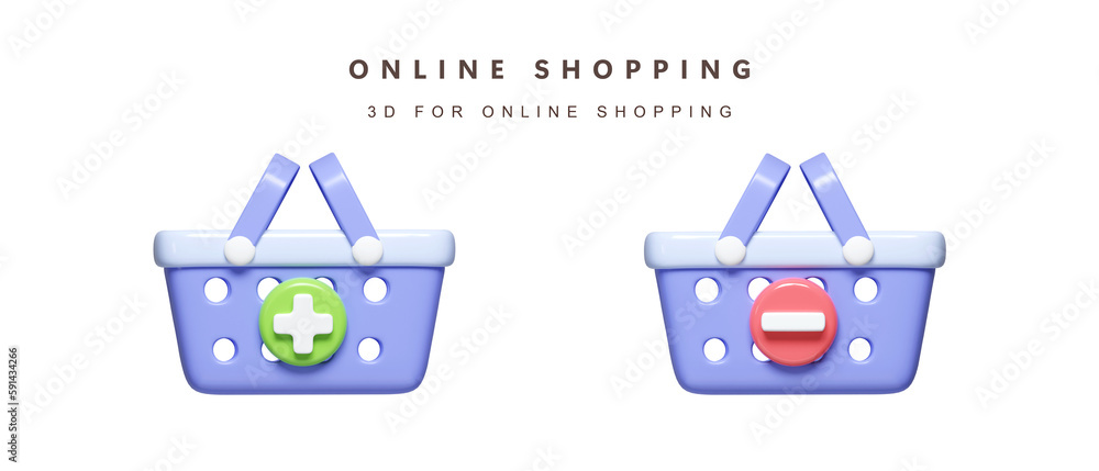 Poster 3d shopping cart. add to cart. remove items from the cart. icon isolated on white background. 3d ren
