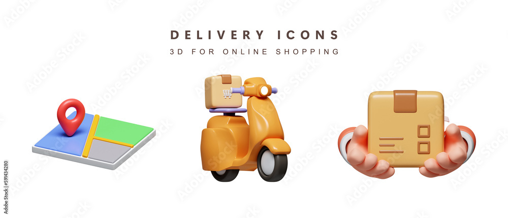 Poster 3d set of delivery for shopping online concept. icon isolated on white background. 3d rendering illu