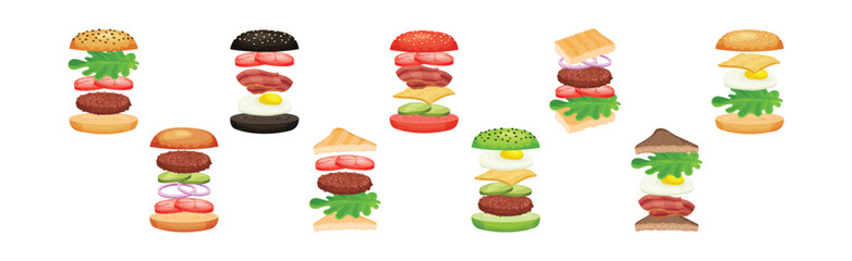 Burger with Floating Layer Ingredients as Fast Food Recipe Vector Set