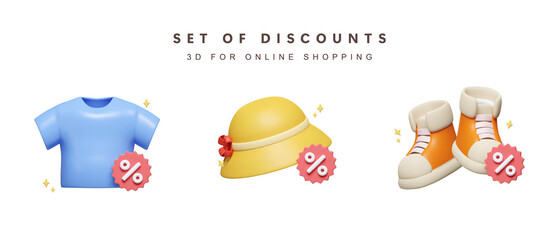 3d Collection of clothing and accessories and percentage for shopping online concept. delivery. icon isolated on white background. 3d rendering illustration. Clipping path.