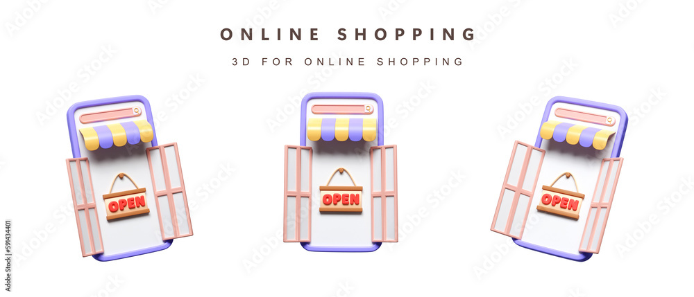 Poster 3d set open store on phone for shopping online concept. icon isolated on white background. 3d render