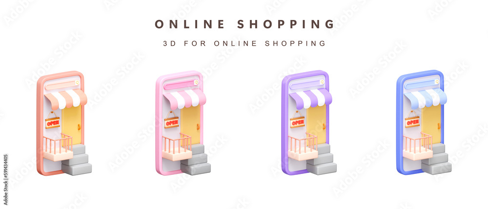 Poster 3d set of color open store on phone for shopping online concept. icon isolated on white background. 