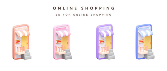 3d Set of color open store on phone for shopping online concept. icon isolated on white background. 3d rendering illustration. Clipping path.
