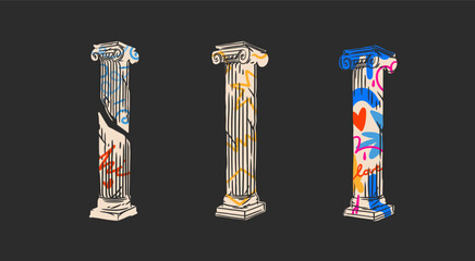 Hand drawn vector abstract outline,graphic,contemporary greek ancient sculpture statue column line modern drawing.Antique classic architecture statue in trendy graffity style,outline design concept, - 591434600