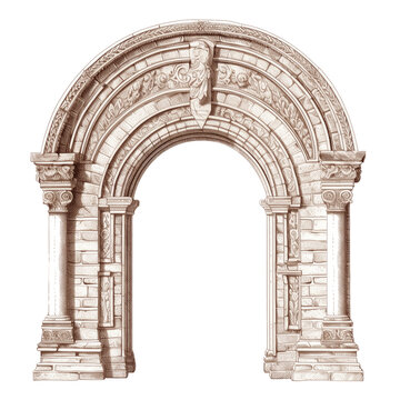 Stone vintage arch door Elements of the architecture of buildings in the Gothic style on isolated transparent background png. Generative ai