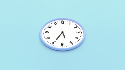 Wall clock with time and number isolated on blue background. 3d render illustration. Clock Face hanging on the wall. Copy space and central composition.