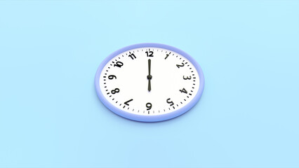 Wall clock with time and number isolated on blue background. 3d render illustration. Clock Face hanging on the wall. Copy space and central composition.