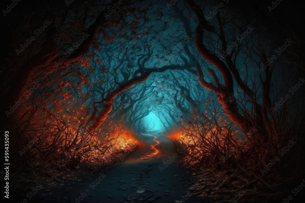 Poster mysterious forest with a glowing light at the end of the path. generative ai