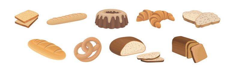 Starchy Foods or Baked Goods with Croissant and Bread Slices Vector Set