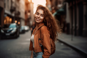 Obraz premium A fictional person. Confident Gen Z girl walking a down bustling city street