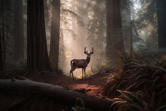 Sunset view of a stag deer in the Redwood Forest