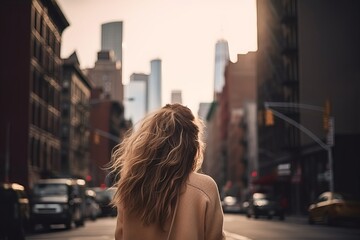 Fototapeta na wymiar Rear view of a woman walking down a city street