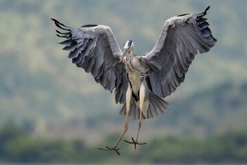 Close-up of a gray heron (Ardea cinerea) landing