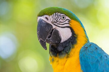 Close-up of a colorful Ara on a blurred green background