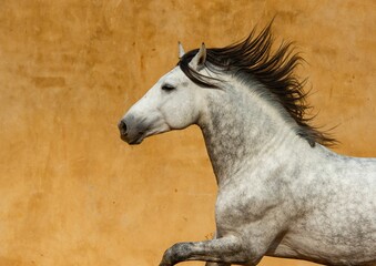 Obraz na płótnie Canvas Close-up of a white Andalusian Spanish Pura Raza Espanola horse running against a yellow background