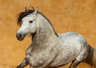 Naklejka na ściany i meble Close-up of a white Andalusian Spanish Pura Raza Espanola horse running against a yellow background
