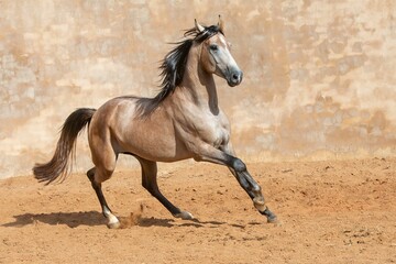 Obraz na płótnie Canvas Brown Andalusian Spanish Pura Raza Espanola horse running against a beige background
