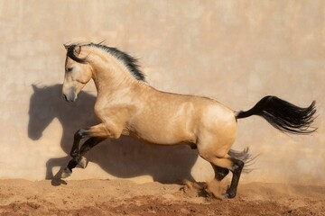 Brown Andalusian Spanish Pura Raza Espanola horse running against a beige background