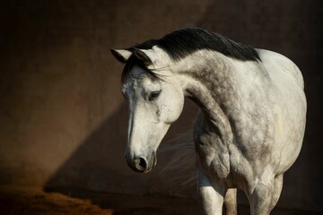 Close-up of a white Andalusian Spanish Pura Raza Espanola horse standing in sunlight