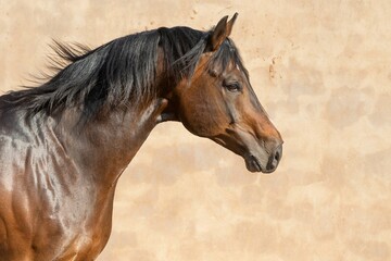 Close-up Czech Warmblood horse in sunlight on a gray background