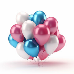 A generative AI image of pink, blue and white  helium party balloons floating on a white  background, the trans symbol