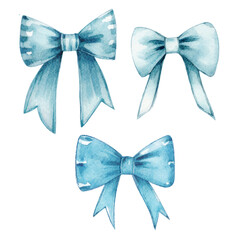 Watercolor Blue bows .Isolated on a white background.Generative AI