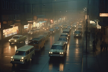 Obraz premium 1960s vintage retro traffic in the city at the night with fog weather. Generative AI.