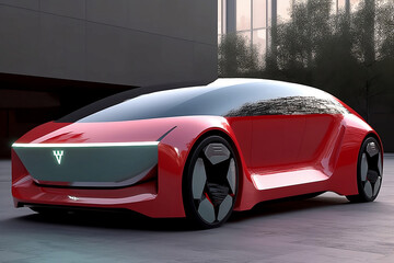 Red futuristic electric car in the background. Generative AI.