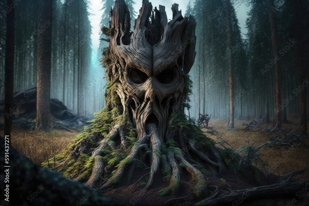 Poster mysterious tree stump standing alone in a dense forest. generative ai