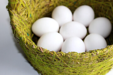 White Not painted Eggs In A Handmade Wicker Basket Detailed Stock Photo