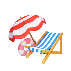 3d Beach chairs and umbrellas with swimming ring. summer vacation and holidays concept. icon isolated on white background. 3d rendering illustration. Clipping path.