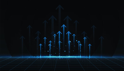 Abstract technology and digital arrows up to goal on blue dark background. rate of return investment chart vision for financial. growth business concept. vector illustration.