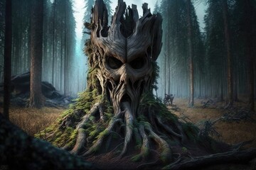 Fototapeta na wymiar mysterious tree stump standing alone in a dense forest. Generative AI