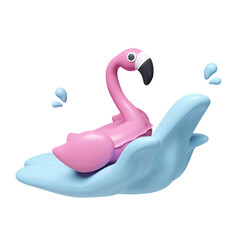 3d Pink Flamingo float with ocean ​​waves summer vacation and holidays concept. icon isolated on white background. 3d rendering illustration. Clipping path.