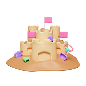 3d sand castle, fort or fortress with towers, shell and flags. summer vacation travel kids children leisure fun play. icon isolated on white background. 3d rendering illustration. Clipping path.