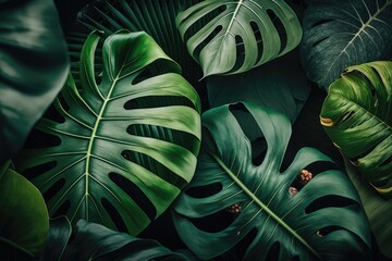 green leaves on a black background. Generative AI