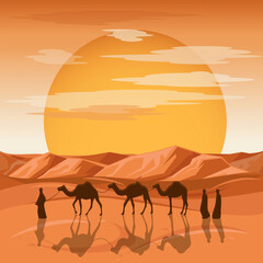 Fototapeta na wymiar Caravan in desert vector background. Arab people and camels silhouettes in sands